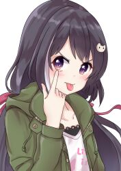  1girl :p akanbe akane_(akane112234) black_hair blush cat_hair_ornament closed_mouth collarbone commentary_request dot_nose eyelid_pull green_jacket hair_ornament jacket karyl_(princess_connect!) karyl_(real)_(princess_connect!) long_hair long_sleeves looking_at_viewer multicolored_hair open_clothes open_jacket princess_connect! shirt simple_background solo streaked_hair tongue tongue_out upper_body v-shaped_eyebrows violet_eyes white_background white_shirt white_streaks 