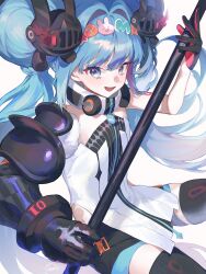  1girl arm_armor armor bare_shoulders black_thighhighs blue_eyes blue_hair blush collar commentary_request cube_hair_ornament donut_hair_ornament dress dynamic_pose food-themed_hair_ornament hair_ornament hatsune_miku headphones headphones_around_neck highres holding holding_staff holding_weapon long_hair looking_at_viewer open_mouth rabbit_hair_ornament racing_miku racing_miku_(2026) short_dress shoulder_armor single_bare_shoulder smile solo staff strapless strapless_dress thigh-highs twintails weapon white_background white_dress zipper 