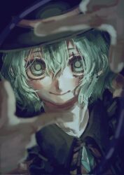  1girl black_hat blurry buttons closed_mouth collared_shirt commentary_request depth_of_field diamond_button finger_frame green_eyes green_hair hair_between_eyes hat highres komeiji_koishi kuraageru1600 looking_at_viewer shirt smile solo touhou yellow_shirt 