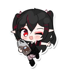  1girl berryblushy black_hair black_shirt black_shoes black_skirt blush bottle chibi chibi_only chocolate_milk commentary eyeshadow full_body grey_pantyhose hair_between_eyes hair_ribbon highres holding holding_bottle holding_jug indie_virtual_youtuber jug_(bottle) long_hair makeup milk mrcs_404 one_eye_closed open_mouth outline pantyhose pointy_ears red_eyes red_eyeshadow red_ribbon ribbon shirt shoes simple_background skirt smile solo standing standing_on_one_leg torn_clothes torn_pantyhose virtual_youtuber white_background white_outline 