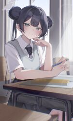  1girl absurdres black_hair black_necktie black_skirt blue_archive closed_mouth collared_shirt commentary_request day desk double_bun grey_eyes grey_halo hair_bun halo hand_up highres holding holding_pen indoors kisaki_(blue_archive) long_hair looking_at_viewer necktie pen school_desk shirt sitting skirt smile supic1711 twintails very_long_hair white_shirt 