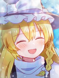  1girl :d ^_^ black_hat black_vest blonde_hair blush bow braid closed_eyes commentary_request frilled_headwear hair_bow hat hat_bow highres kirisame_marisa long_hair nene_man open_mouth portrait shirt single_braid smile solo touhou turtleneck turtleneck_shirt vest white_bow white_shirt witch_hat 