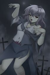  absurdres adeline_leona black_eyes colored_skin commentary_request dress feet_out_of_frame grey_dress grey_hair grey_skin hair_between_eyes highres monster_girl monster_girl_encyclopedia open_mouth outstretched_arms patchwork_clothes zombie zombie_(monster_girl_encyclopedia) zombie_pose 