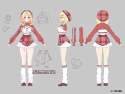  1girl aki_rosenthal bandeau blonde_hair bow braid brown_shoes clothes_writing commentary_request frilled_skirt frills full_body grey_background hair_bow hair_over_shoulder hat highres hololive leg_warmers loafers long_hair low_twin_braids miniskirt multiple_views official_alternate_costume official_alternate_hairstyle official_art plaid_clothes plaid_hat plaid_skirt pointing_out_the_details red_bow red_hat red_shrug red_skirt saekiyahiro second-party_source shoes shrug_(clothing) simple_background skirt translation_request turnaround twin_braids violet_eyes virtual_youtuber white_bandeau white_leg_warmers 