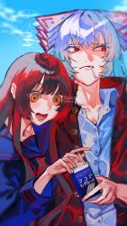  2girls absurdres alternate_costume blue_sailor_collar blue_shirt blue_sky bow candy chayo_bababa cigarette_candy collared_shirt commentary_request day food fujiwara_no_mokou grey_hair highres holding houraisan_kaguya jacket long_hair multiple_girls open_clothes open_jacket open_mouth orange_eyes red_eyes red_hair red_jacket sailor_collar sailor_shirt school_uniform shirt sky smile touhou translation_request watermark white_bow white_shirt 
