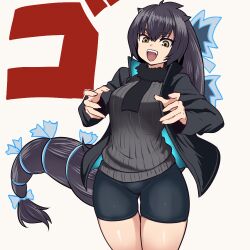  1girl absurdly_long_hair bike_shorts black_hair black_jacket black_shorts black_sweater blue_bow bow godzilla godzilla_(series) hair_bow jacket long_hair long_sleeves low-tied_long_hair multiple_hair_bows okamura_(okamura086) open_clothes open_jacket open_mouth personification sharp_teeth shorts solo sweater teeth very_long_hair yellow_eyes 