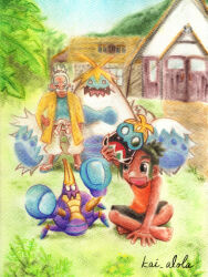  2boys aged_down aqua_shirt artist_name barefoot black_shorts blue_sky building character_mask child closed_eyes commentary_request crabominable crabrawler crossed_legs dark-skinned_male dark_skin day facial_hair grandfather_and_grandson grass green_eyes green_hair hala_(pokemon) hand_on_ground hand_on_own_hip hau_(pokemon) holding holding_mask house jacket kai_alola long_sleeves male_focus mask multiple_boys mustache open_clothes open_jacket open_mouth orange_tank_top outdoors pokemon pokemon_(creature) pokemon_sun_and_moon sandals shirt short_hair shorts signature sitting sky smile standing tank_top toes traditional_media white_hair yellow_jacket 