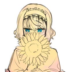  1girl alice_margatroid blonde_hair blue_eyes blush capelet covered_mouth dress embarrassed flower frills hair_between_eyes hairband highres holding holding_flower lovelobten short_hair solo sunflower touhou white_background 