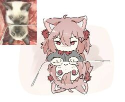  1girl :< ahoge animal_ears black_cardigan bow bowtie broken_heart broken_heart_hair_ornament brown_hair cardigan cat cat_ears cat_girl closed_mouth evil_neuro-sama hair_between_eyes hair_ribbon heart kosame long_hair long_sleeves meme red_bow red_bowtie red_eyes red_ribbon reflection ribbon screenshot_inset solo upper_body vedal_ai virtual_youtuber 
