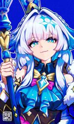  1girl barine blue_background blue_dress blue_eyes cerydra_(honkai:_star_rail) commentary crown detached_sleeves dress highres holding holding_scepter honkai:_star_rail honkai_(series) long_hair mini_crown multicolored_hair scepter simple_background sparkle white_hair 