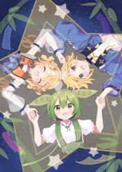  1boy 2girls :d arms_up blonde_hair blue_background blue_eyes blue_jacket blush brown_eyes closed_eyes commentary_request cropped_jacket detached_sleeves double-parted_bangs green_hair grey_background hair_between_eyes holding_hands jacket kagamine_rin mani_(manidrawings) midriff multiple_girls navel open_mouth see-through_clothes see-through_sleeves shirt short_hair short_sleeves sidelocks sleeveless sleeveless_shirt smile star_(sky) upper_body vocaloid voiceroid voicevox white_shirt zundamon 
