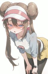  1girl :o black_pantyhose blue_eyes bow brown_hair commentary cowboy_shot donut_hair_bun double_bun hair_bun hands_on_own_legs heoningu highres hot leaning_forward light_blush long_hair narrowed_eyes open_mouth pantyhose pink_bow pokemon rosa_(pokemon) shirt shorts simple_background solo sweat sweatdrop untranslatable_commentary very_long_hair visor_cap watch watch white_background white_shirt white_visor yellow_shorts 