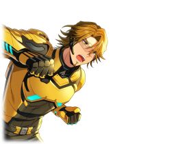  1boy armor brown_eyes brown_hair clenched_hands facial_hair game_cg gloves goatee happy_elements headset helios_rising_heroes jay_kidman male_focus non-web_source official_art open_mouth solo transparent_background 