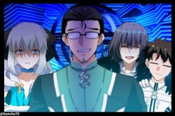  1girl 3boys artist_name beryl_gut black_bow black_hair blue_choker blue_eyes bow braid choker closed_eyes earrings fate/grand_order fate_(series) fujimaru_ritsuka_(male) glasses hair_between_eyes hair_bow half_up_braid honchu jewelry long_hair long_sleeves morgan_le_fay_(fate) morgan_le_fay_(second_ascension)_(fate) multiple_boys oberon_(fate) oberon_(third_ascension)_(fate) open_mouth short_hair smile very_long_hair white_hair 
