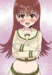  1girl breasts brown_eyes brown_hair crossed_arms fang flipped_hair highres kantai_collection kujira_naoto long_hair looking_at_viewer medium_breasts midriff neckerchief ooi_(kancolle) ooi_kai_ni_(kancolle) pleated_skirt sailor_collar shirt skirt solo upper_body yellow_neckerchief yellow_sailor_collar yellow_shirt yellow_skirt 