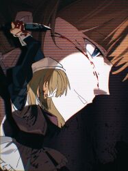  2girls absurdres apron black_dress blood blood_on_face blue_eyes brown_hair character_request check_character commentary derivative_work dress english_commentary hat highres knife long_hair maid_apron multiple_girls netcze41xeopp02 orange_hair perfect_blue smile spoilers umineko_no_naku_koro_ni ushiromiya_eva white_apron white_hat yasu_(umineko) 