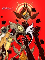  ... 2others ambiguous_gender androgynous angel_wings arm_up armor brothers character_name chinese_commentary colored_skin creature cube diqiuyi30187 english_text eye_symbol feathered_wings floating full_armor genshin_impact glowing gold_armor halo head_tilt head_wings highres looking_at_viewer melanta_(genshin_impact) monster_boy multicolored_skin multiple_others multiple_wings nihilita_(genshin_impact) orange_wings other_focus pov pov_hands reaching reaching_towards_another red_background red_wings siblings simple_background solo_focus star_(symbol) upper_body wings 