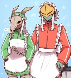  1boy 1girl akeesakee alternate_costume animal_skull apron bandages blue_background breasts colored_skin cowboy_shot crossdressing crossdressing_(mtf) dark-skinned_female dark_skin enmaided frilled_apron frills green_shirt grey_skin highres jacket jersey_maid long_hair long_sleeves maid maid_apron maid_headdress male_maid mask red_eyes red_shirt shirt short_sleeves skull_on_head slay_the_spire standing sweatdrop sword the_ironclad_(slay_the_spire) the_silent_(slay_the_spire) track_jacket turtleneck turtleneck_jacket unconventional_maid waist_apron weapon white_apron white_hair 