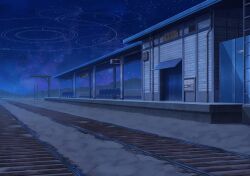  bench blue_archive blue_theme building cliff cool_colored desert game_cg ladder night no_humans non-web_source official_art outdoors perspective platform railroad_tracks ring_of_light_(blue_archive) sand scenery self-datamine sign sky star_(sky) starry_sky train_station 