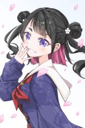  1girl blue_cardigan breasts brown_dress cardigan colored_inner_hair commentary_request dappled_sunlight dress falling_petals from_side grin hair_rings hasu_no_sora_school_uniform highres link!_like!_love_live! long_hair long_sleeves looking_at_viewer looking_to_the_side love_live! matsurugi_tsukasa medium_breasts multicolored_hair neckerchief open_cardigan open_clothes petals pink_hair pink_petals red_neckerchief revision sailor_collar sailor_dress school_uniform shirin_mion simple_background smile solo sunlight thick_eyebrows two_side_up white_background white_sailor_collar winter_uniform 