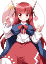  1girl blue_cape blush bow bowtie cape closed_mouth commentary highres holding holding_wand horns long_hair long_sleeves looking_at_viewer red_bow red_bowtie red_eyes red_hair red_skirt ruu_(tksymkw) shingyoku_(female)_(touhou) shingyoku_(touhou) shirt skirt smile solo star_(symbol) star_wand touhou touhou_(pc-98) two-tone_skirt wand white_shirt white_skirt yin_yang 