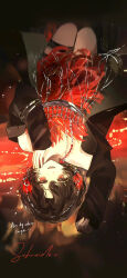  1girl :d artist_name bare_shoulders black_background black_coat black_hair character_name chinese_commentary coat commentary_request commission dated dress feather_dress feathers full_body gradient_background hands_up hat_feather highres lying off_shoulder on_back open_clothes open_coat open_mouth red_background red_dress red_eyes red_feathers reverse:1999 schneider_(reverse:1999) short_dress short_hair smile solo upside-down yeshu_bu_shi_yes 