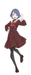  1girl :d black_pantyhose black_shirt blue_hair braid brown_dress brown_shoes dress full_body hand_on_own_hip hand_up hasu_no_sora_school_uniform highres iizuka_haruko leg_up link!_like!_love_live! loafers long_sleeves looking_at_viewer love_live! medium_dress neckerchief official_art open_mouth orange_eyes pantyhose pleated_dress red_neckerchief reizawa_aoi sailor_collar sailor_dress school_uniform shirt shoes short_hair side_braid simple_background slit_pupils smile solo standing standing_on_one_leg tachi-e teeth transparent_background turtleneck turtleneck_shirt undershirt upper_teeth_only waving white_sailor_collar winter_uniform 