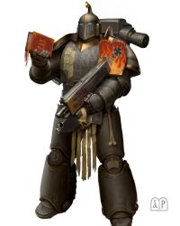  1boy adeptus_astartes armor armor_writing armored_boots artist_logo bayonet bone_ornament book book_print boots breastplate chainsaw club_(weapon) covered_face elijah_arhpriest english_commentary faulds flame_print full_armor full_body gauntlets greaves greek_text grey_armor helm helmet hieroglyphics highres holding holding_bolter holding_book logo male_focus pauldrons pelvic_curtain power_armor pteruges purity_seal scroll shoulder_armor skull skull_belt spiked_club vambraces warhammer_40k weapon word_bearers 