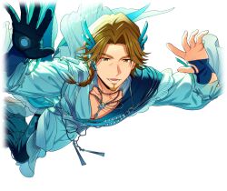  1boy :d braid brown_eyes brown_hair facial_hair game_cg goatee happy_elements helios_rising_heroes jay_kidman jewelry long_sleeves looking_at_viewer lower_teeth_only male_focus necklace non-web_source official_art open_mouth smile solo teeth transparent_background 