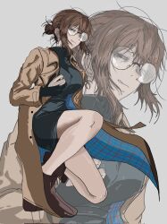  1031anko 1girl black-framed_eyewear black_dress black_gloves boots brown_boots brown_coat brown_hair coat dress from_below full_body glasses gloves grey_background hair_bun highres looking_at_viewer medium_hair messy_hair narrowed_eyes open_clothes open_coat parted_lips partially_fingerless_gloves round_eyewear sidelocks simple_background solo squatting trench_coat turtleneck turtleneck_dress uguisu_anko yofukashi_no_uta zoom_layer 