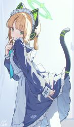  1girl animal_ear_headphones animal_ears apron blonde_hair blue_archive bow bowtie breasts cat_ear_headphones cat_ears cat_tail commentary_request fake_animal_ears frills green_eyes green_halo halo headphones highres looking_back maid maid_apron maid_headdress midori_(blue_archive) midori_(maid)_(blue_archive) ningen_mame pantyhose skirt small_breasts tail white_pantyhose 