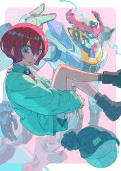  1girl :o amate_yuzuriha aqua_eyes aqua_skirt beanie black_hat boots collared_shirt commentary_request gquuuuuux grey_boots grey_socks gundam gundam_gquuuuuux hair_between_eyes haro hat highres long_sleeves looking_at_viewer mecha mobile_suit necktie nobile1031 open_mouth red_hair robot science_fiction shirt short_hair skirt socks solo_focus sweater v-fin 