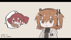  2girls a.i._voice adachi_rei baguette blush_stickers bread chibi chibi_only commentary_request drill_hair food hair_ornament hair_ribbon hairclip headphones headset high_collar highres holding holding_food hood hood_down hooded_jacket jacket jitome kaneko_aaru kasane_teto multiple_girls one_side_up open_mouth orange_eyes orange_hair red_eyes red_hair ribbon smile speech_bubble tongue tongue_out translation_request turtleneck twin_drills utau 
