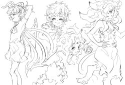  2girls arms_up asymmetrical_wings bow bowtie claws closed_mouth dress greyscale hand_on_own_hip highres houjuu_chimi houjuu_nue long_hair messy_hair monochrome multiple_girls open_mouth short_hair short_sleeves sketch smile snake suteruko touhou wings 