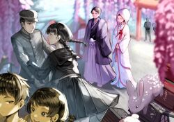  1boy 1girl absurdres age_progression ao_hoshi black_hair black_hat black_jacket black_kimono black_pants black_sailor_collar black_serafuku black_shoes black_skirt blurry blurry_background braid bride buttons cherry_blossoms child closed_eyes closed_mouth commentary_request couple crossed_arms day futokorogatana geta grey_pants groom happy hat hetero highres jacket japanese_clothes kimono leaning_forward lipstick long_sleeves looking_at_another low_twin_braids makeup old old_man old_woman open_mouth original outdoors own_hands_together pants pleated_skirt red_lips red_trim sailor_collar school_uniform serafuku shiromuku shirt shoes shrine skirt smile socks tearing_up teeth torii twin_braids uchikake upper_teeth_only wataboushi white_kimono white_rabbit_(animal) white_shirt white_socks wide_sleeves 