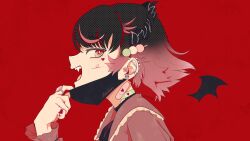  1girl bandaid ben-day_dots black_hair black_mask chewbers dango_hair_ornament ear_piercing earrings eyelashes facial_mark fang food-themed_hair_ornament fraiki_(vtuber) gradient_hair hair_ornament heart heart_facial_mark highres horns indie_virtual_youtuber jewelry mask mask_pull mouth_mask multicolored_eyes multicolored_hair official_art open_mouth piercing pink_hair portrait profile red_background ring screentones short_hair signature smile solo teeth upper_teeth_only virtual_youtuber 