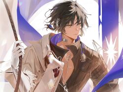  1boy arknights arm_out_of_sleeve black_shirt bosack brown_hair commentary_request dark-skinned_male dark_skin expressionless hair_ornament high_collar highres holding holding_rope jacket jewelry korean_commentary looking_to_the_side male_focus necklace partially_open_shirt rope shirt short_hair solo star_(symbol) star_hair_ornament thorns_(arknights) thorns_the_lodestar_(arknights) upper_body white_jacket yellow_eyes 