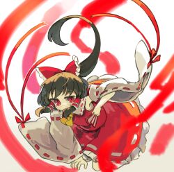  1girl ascot blush bow brown_hair collared_shirt commentary_request detached_sleeves floating_hair frilled_bow frilled_hair_tubes frilled_skirt frills full_body hair_bow hair_floating_upwards hair_tubes hakurei_reimu highres holding holding_ofuda kibisake long_hair long_sleeves looking_at_viewer ofuda red_bow red_eyes red_shirt red_skirt ribbon-trimmed_sleeves ribbon_trim shirt sidelocks skirt skirt_set sleeveless sleeveless_shirt solo touhou white_sleeves wide_sleeves yellow_ascot 