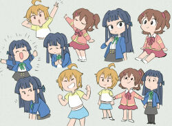  3girls ahoge black_hair black_skirt blonde_hair blue_shirt blue_skirt bow bowtie brown_hair chibi chibi_only closed_eyes commentary_request grey_background grin ibuki_tsubasa idolmaster idolmaster_million_live! kasuga_mirai long_hair mogami_shizuka multiple_girls multiple_views one_side_up pink_shirt red_bow red_bowtie red_skirt shirt short_hair side-by-side simple_background sitting skirt smile standing strawberry_pop_moon_(idolmaster) tsubobot white_shirt 