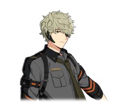  1boy breast_pocket closed_mouth collared_shirt cropped_torso eyepatch game_cg green_eyes green_hair green_necktie grey_shirt happy_elements headset helios_rising_heroes keith_max long_sleeves looking_at_viewer male_focus necktie non-web_source official_art one_eye_covered pocket shirt smile solo transparent_background upper_body 