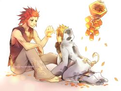  2009 2boys alternate_costume animal_costume axel_(kingdom_hearts) barefoot bell black_gloves black_shirt blonde_hair blue_eyes chinese_clothes chinese_commentary chinese_new_year chinese_text chinese_zodiac commentary_request confetti cow_costume cow_tail deviantart_username elbow_rest english_commentary facial_mark fake_horns fake_tail full_body gloves green_eyes grey_pants hair_slicked_back hand_up holding holding_bell horns kingdom_hearts knees_up looking_at_another male_focus mixed-language_commentary multiple_boys pants red_hair roxas rrr shirt short_hair sleeveless sleeveless_shirt smile socks tail translation_request wide_sleeves year_of_the_ox 