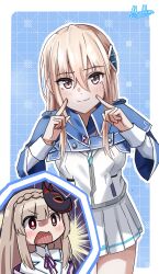  2girls absurdres blonde_hair blue_background blue_capelet blush border braid bright_pupils brown_hair capelet cheek_poking closed_mouth collared_shirt commentary_request cowboy_shot crown_braid eyes_visible_through_hair fox_mask hair_between_eyes hair_ornament hands_up heaven_burns_red highres index_fingers_raised kiryuu_miya long_hair long_sleeves looking_at_another looking_at_viewer mask mask_on_head miniskirt mok_kan multiple_girls neck_ribbon open_mouth outline outside_border pleated_skirt poking purple_ribbon red_eyes ribbon shirakawa_yuina shirt sidelocks signature simple_background skirt smile spoken_character surprised upper_body v-shaped_eyebrows white_border white_outline white_pupils white_shirt white_skirt 