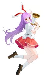 1girl animal_ears blush brown_shoes chimi_(s2yuyukos2) closed_mouth commentary full_body long_hair looking_at_viewer lunatic_gun pink_skirt puffy_short_sleeves puffy_sleeves purple_hair rabbit_ears rabbit_girl rabbit_tail red_eyes reisen_udongein_inaba shirt shoes short_sleeves simple_background skirt smile socks solo tail touhou very_long_hair white_background white_shirt white_socks 