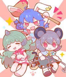  3girls :3 :d animal_ears barefoot black_dress black_shoes blue_hair blush chibi chibi_only closed_eyes closed_mouth commentary double-parted_bangs dress earclip full_body green_hair grey_hair hair_between_eyes highres holding holding_mallet ikururu kine komano_aunn long_hair looking_at_viewer mallet multiple_girls nazrin notice_lines open_mouth outline rabbit_ears rabbit_girl red_eyes seiran_(touhou) shoes short_hair smile socks sparkle standing sunburst sunburst_background touhou untranslatable_commentary white_outline white_socks 