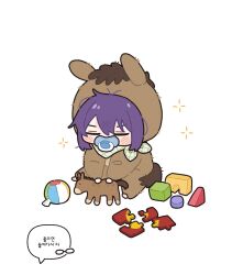  1boy aged_down animal_costume baby ball bandana bandana_around_neck blush closed_eyes commentary dummy ensemble_stars! hair_between_eyes hasumi_keito highres horse_costume kanzaki_souma korean_text purple_hair puzzle_piece sidelocks simple_background sitting solo sparkle speech_bubble toy_block toy_horse translation_request white_background xiwivixi 