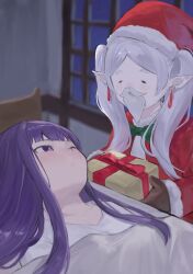  2girls =_= ao_hoshi blunt_bangs bow bowtie bright_pupils brown_gloves christmas coat commentary_request earrings fake_beard fake_facial_hair fern_(sousou_no_frieren) frieren gift gloves green_bow green_bowtie hat highres holding holding_gift indoors jewelry looking_at_another lying multiple_girls night on_back on_bed one_eye_closed parted_bangs parted_lips pointy_ears purple_hair red_coat red_hat red_ribbon ribbon santa_costume shirt sidelocks sousou_no_frieren teardrop_earrings twintails under_covers violet_eyes white_hair white_shirt white_trim window 