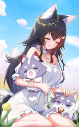  1girl alternate_costume animal_ear_fluff animal_ears bare_shoulders black_hair blue_sky blush bow breasts closed_eyes closed_mouth clouds commentary_request criss-cross_halter dress field flower flower_field gab_(gabgab_fa) hair_ornament halterneck happy head_wreath headpat highres holding hololive light_smile medium_breasts miofa_(ookami_mio) multicolored_hair ookami_mio red_streaks ribbon sitting sky streaked_hair virtual_youtuber white_bow white_dress white_ribbon wolf_ears wolf_girl 