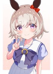  1girl animal_ears black_hairband blush bow bowtie breasts cb_(cb_hayaoki) closed_mouth collarbone commentary_request curren_chan_(umamusume) ear_bow ear_covers grey_hair hair_between_eyes hairband highres horse_ears horse_girl looking_at_viewer medium_breasts pleated_skirt puffy_short_sleeves puffy_sleeves purple_bow purple_bowtie purple_shirt red_bow sailor_collar sailor_shirt school_uniform shirt short_hair short_sleeves skirt smile solo tracen_school_uniform umamusume v violet_eyes white_sailor_collar white_skirt 