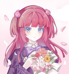  1girl ameko0617 blue_eyes blunt_ends bouquet bow bowtie closed_mouth falling_petals flower highres long_hair looking_at_viewer petals pink_flower pink_petals pink_rose purple_bow purple_bowtie red_flower red_hair red_rose rose smile solo standing two_side_up umineko_no_naku_koro_ni upper_body ushiromiya_ange white_background white_flower yellow_flower 