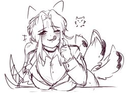  breasts collared_shirt commentary dog_girl english_commentary fangs highres jacket large_breasts limbus_company long_hair long_sleeves looking_at_viewer mobiusoverlords project_moon rodion_(project_moon) shirt sketch smile tail tail_wagging tongue tongue_out upper_body white_background white_shirt 